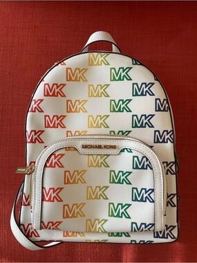 Michael Kors White Medium Jaycee Backpack with Rainbow MK Print